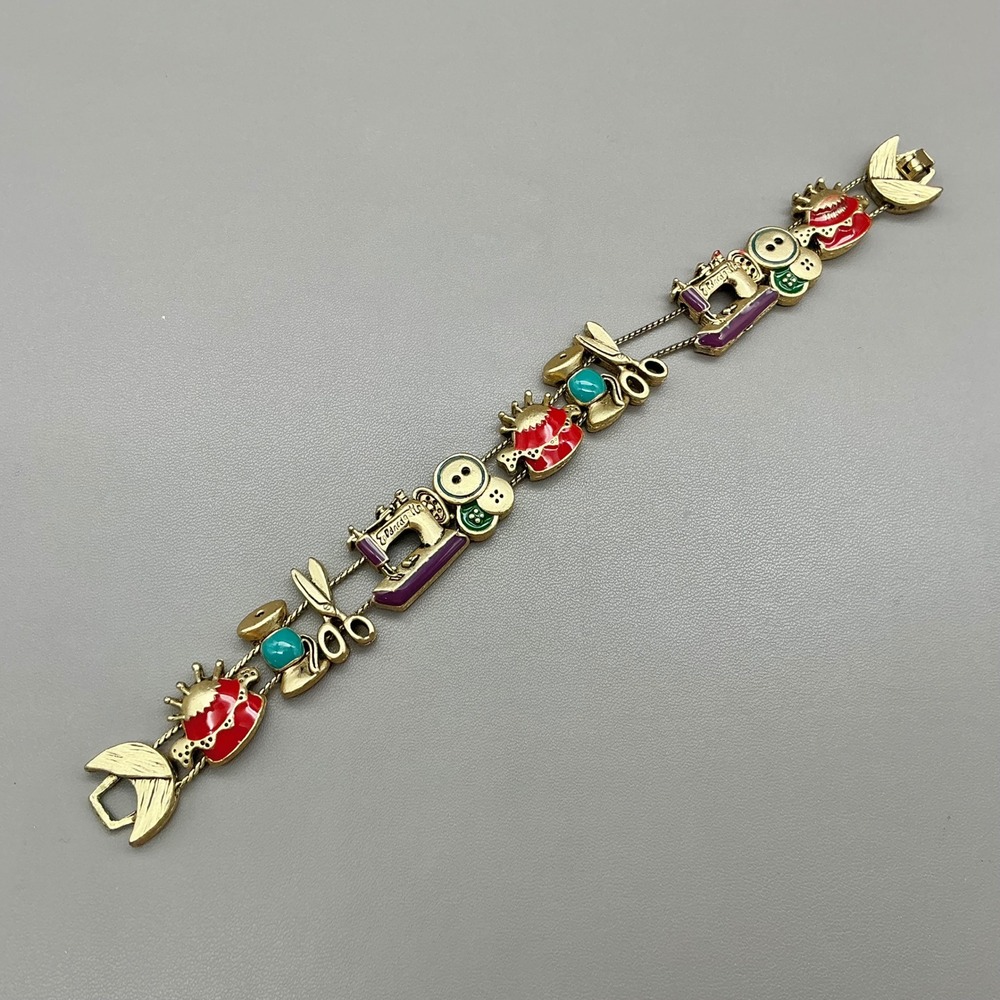 Vintage Bracelet Sewing Charm Gold Tone Enamel Machine Scissors Buttons 8.25"